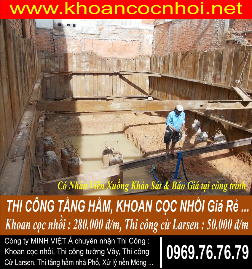 Thi công tuong vay cu Larsen, Khoan coc nhoi, Thi công tầng hầm